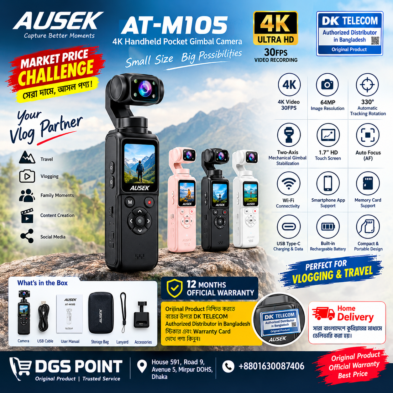 Ausek AT-M105 4K 30FPS Pocket Gimbal Camera